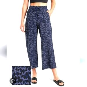 ATHLETA AVENUE PRINTED WIDE LEG CROP PANTS ALLURE NAVY ELASTIC WAIST WOMEN 8
